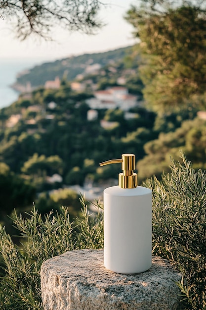 Photo professional mockup of white bottle with gold pump dispenser ideal for skincare branding