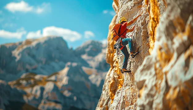 Professional Mountain Climber in Action Against Scenic Alpine Background