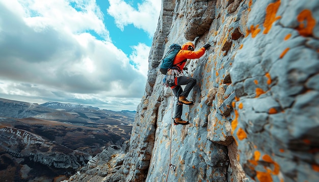 Professional Mountain Climber in Action Against Scenic Alpine Background