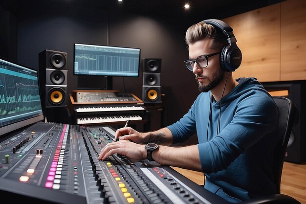 Photo professional music producer mixing tracks in studio