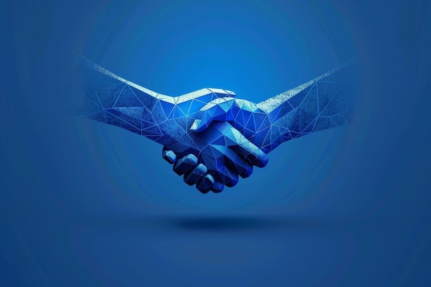 Professional networking blue low poly handshake symbolizing collaboration and synergy