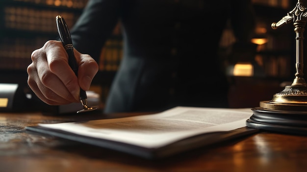 Photo professional notary stamping document on wooden table in office closeup