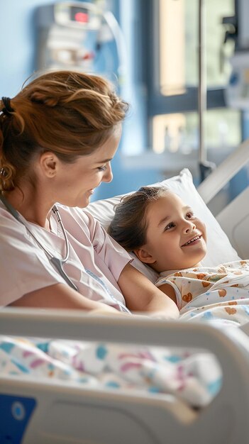 Photo professional nurse comforting a child in hospital bed