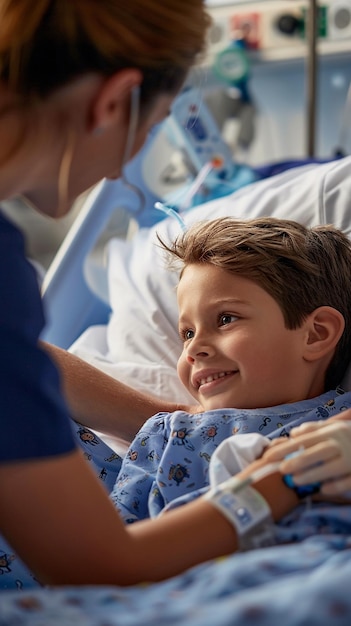 Professional Nurse Comforting a Child in Hospital Bed