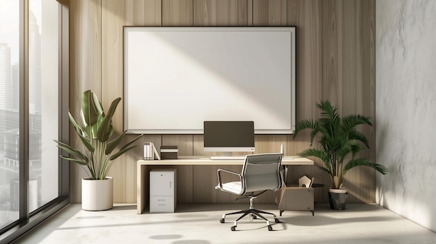 Professional Office Room MockUp with Empty Poster Frame Technology Setup and Minimalist Design best image for project