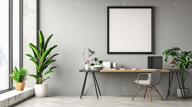 Professional Office Room MockUp with Empty Poster Frame Technology Setup and Minimalist Design best image for project