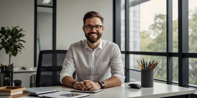 Professional office setting with smiling man and yellow book Generated AI