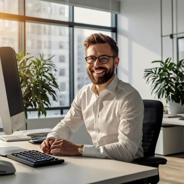 Photo professional office setting with smiling man and yellow book generated ai