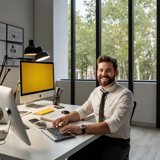 Photo professional office setting with smiling man and yellow book generated ai