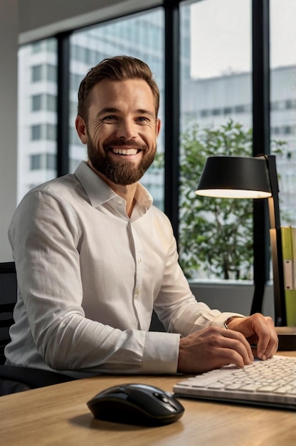 Professional office setting with smiling man and yellow book Generated AI