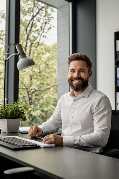 Photo professional office setting with smiling man and yellow book generated ai