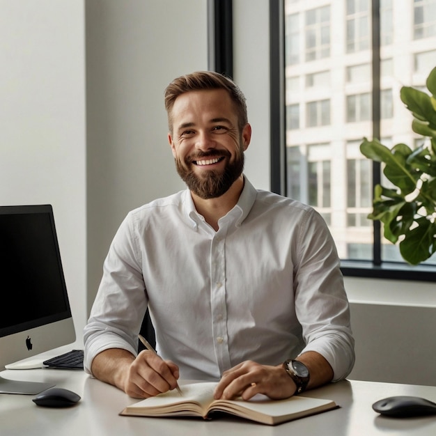 Professional office setting with smiling man and yellow book Generated AI