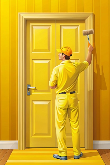 Photo professional painter working on painting a yellow door