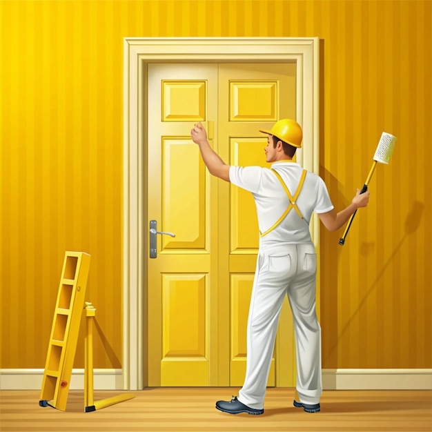 Photo professional painter working on painting a yellow door