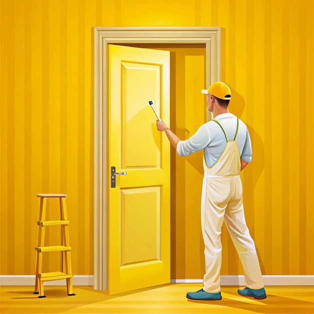 Photo professional painter working on painting a yellow door