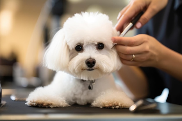 Professional pet groomer as she delicately trims the fur of a fluffy dog at a grooming salon Generative AI