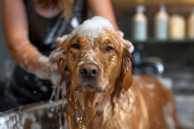 Photo professional pet groomer bathing a dog