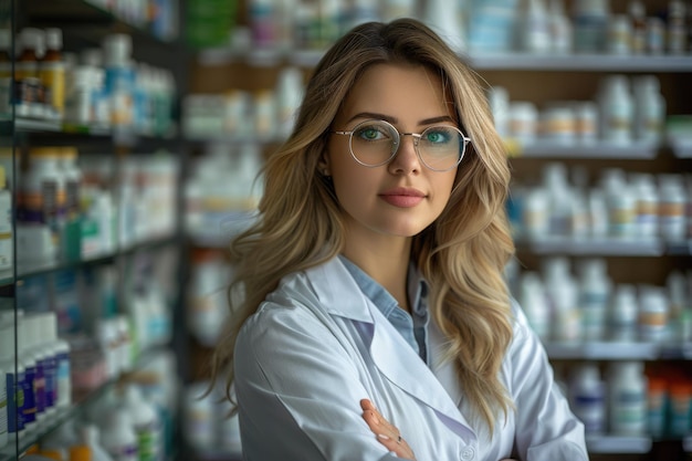 Photo professional pharmacist smiling in drugstore with health products