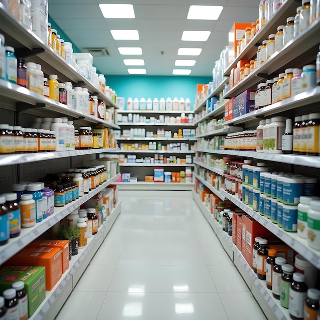 Professional Pharmacy Setup Well Stocked Shelves and Organized Aisles