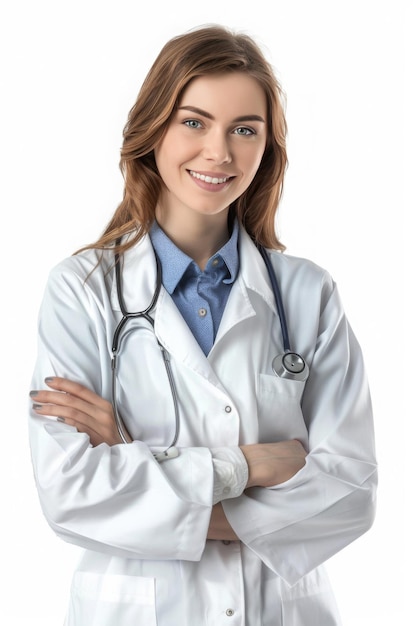 A professional photo of an attractive female nurse blonde hair and blue scrubs with white lab coat