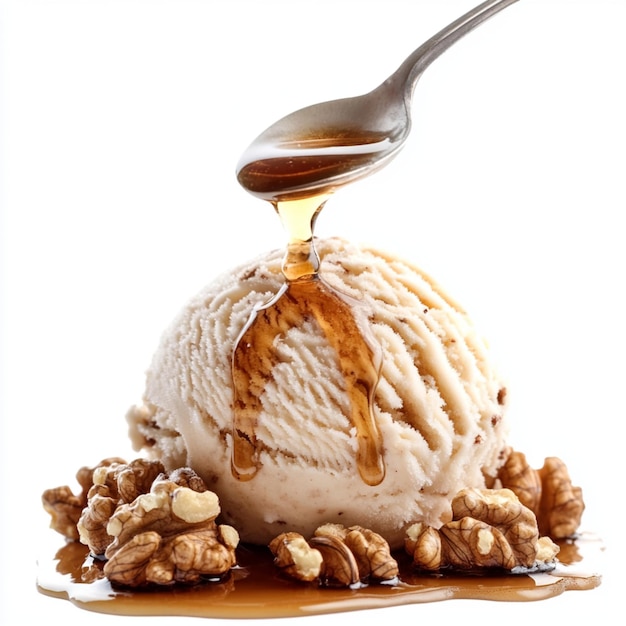 Photo a professional photo of delicious ice cream topped with maple syrup and crunchy walnuts