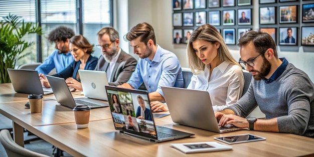 Photo professional photo editors working on laptop in creative meeting room