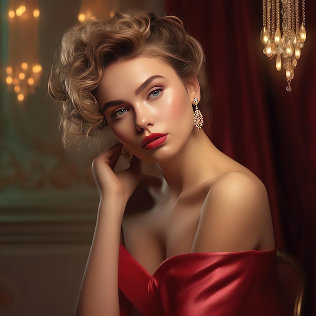 Professional photo elegant woman portrait elegant dress golden accessories light skin white diamond