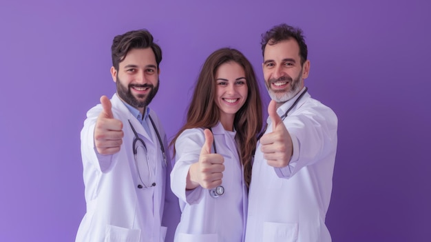 A professional photo of a medical team posing together with thumbs up gestures against a solid