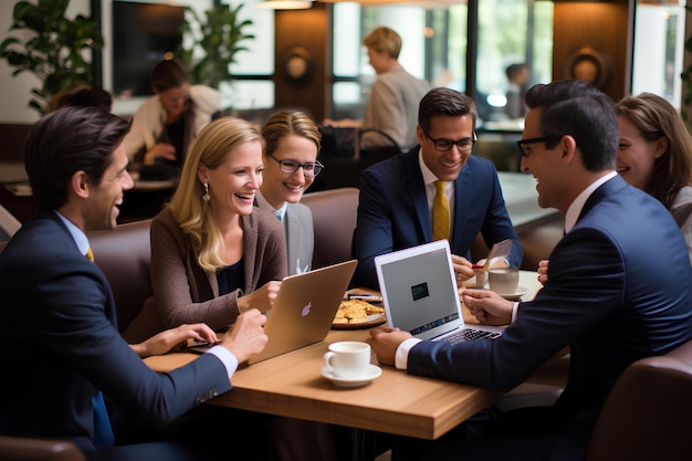 Professional photograph of 20 happy professionals engaged in a meeting