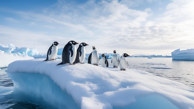 Professional photograph of penguins standing on floating ice sheet in the arctic ocean