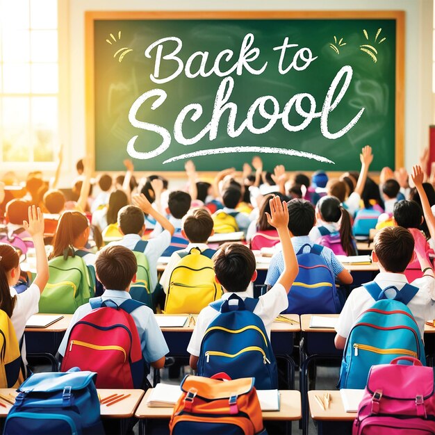 A professional photograph taken from the back of a bustling classroom showcasing rows of young stud