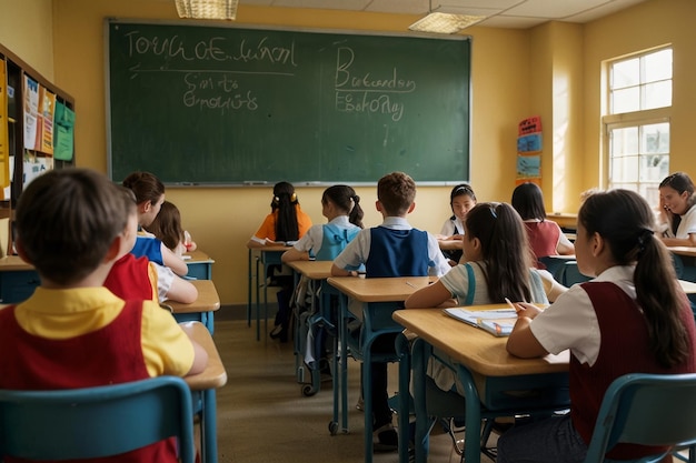 A professional photograph taken from the back of a bustling classroom