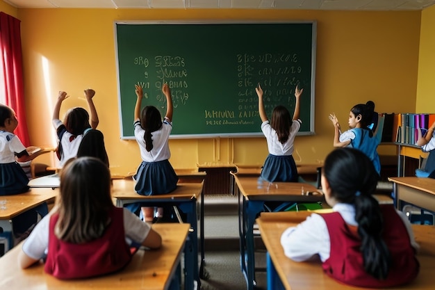 A professional photograph taken from the back of a bustling classroom