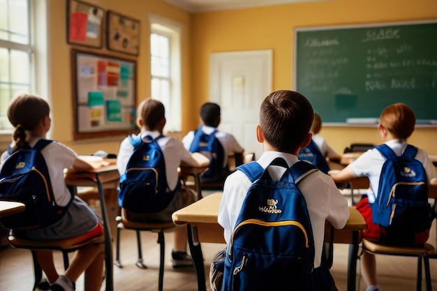 A professional photograph taken from the back of a bustling classroom