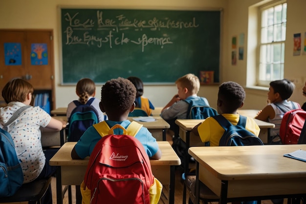 A professional photograph taken from the back of a bustling classroom