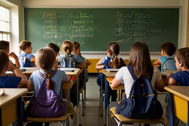 A professional photograph taken from the back of a bustling classroom