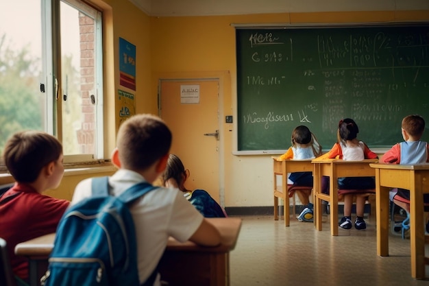 A professional photograph taken from the back of a bustling classroom