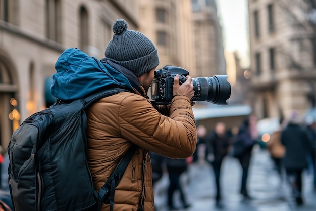 Photo professional photographer captures dynamic moments in a lively urban environment