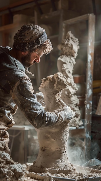 Photo professional photographer capturing an artist sculpting