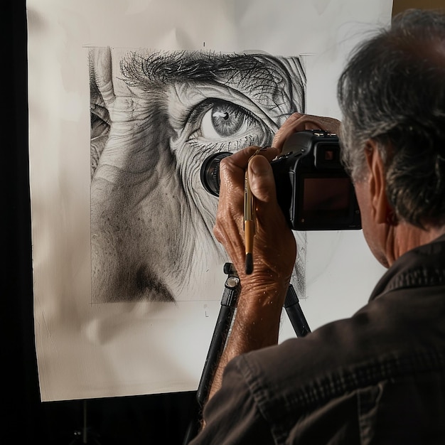 Photo professional photographer capturing artist sketching