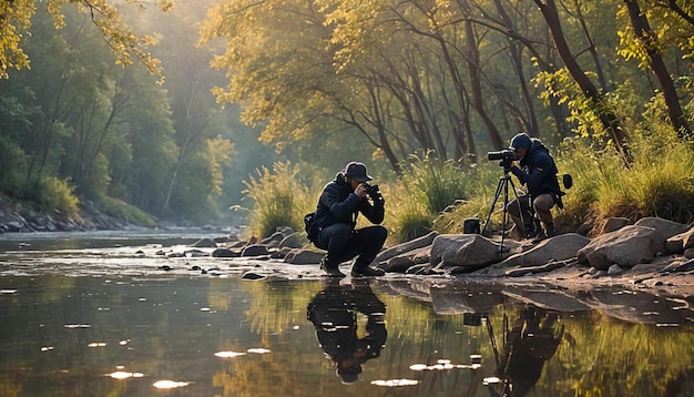 A professional photographer is hunting for photos in the morning shiny river for masterpieces