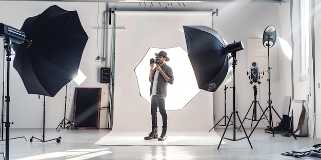 Photo professional photographer meticulously adjusting their camera and lighting in a modern wellequipped