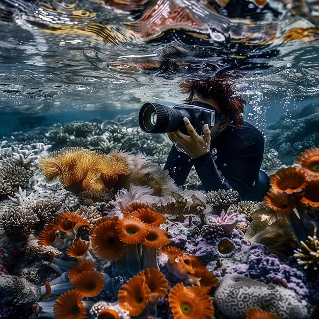 Photo professional photographer shooting underwater coral