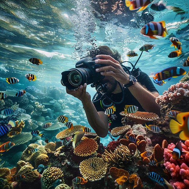 Photo professional photographer shooting underwater coral