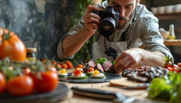 Photo professional photographer taking photo while food stylist decorating composition with meat medallion in studio