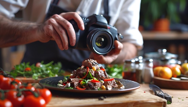 Photo professional photographer taking photo while food stylist decorating composition with meat medallion in studio