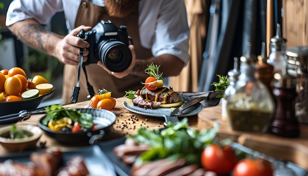 Photo professional photographer taking photo while food stylist decorating composition with meat medallion in studio