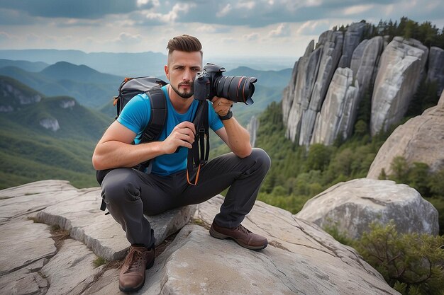 Professional Photographer Taking Photos with Large Camera on Rock Peak