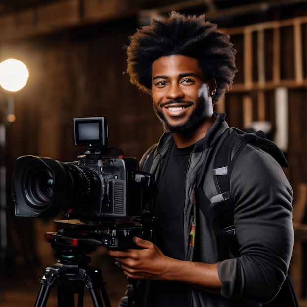 Professional photographer taking photos with a pro camera isolated on pastel background