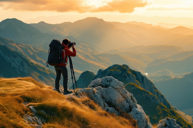 Professional photographer taking picture with modern camera in mountains